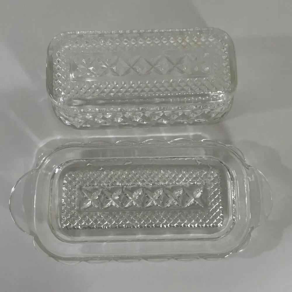 Vintage Wexford Anchor Hocking Glass Covered Butter Dish Diamond Point Pattern